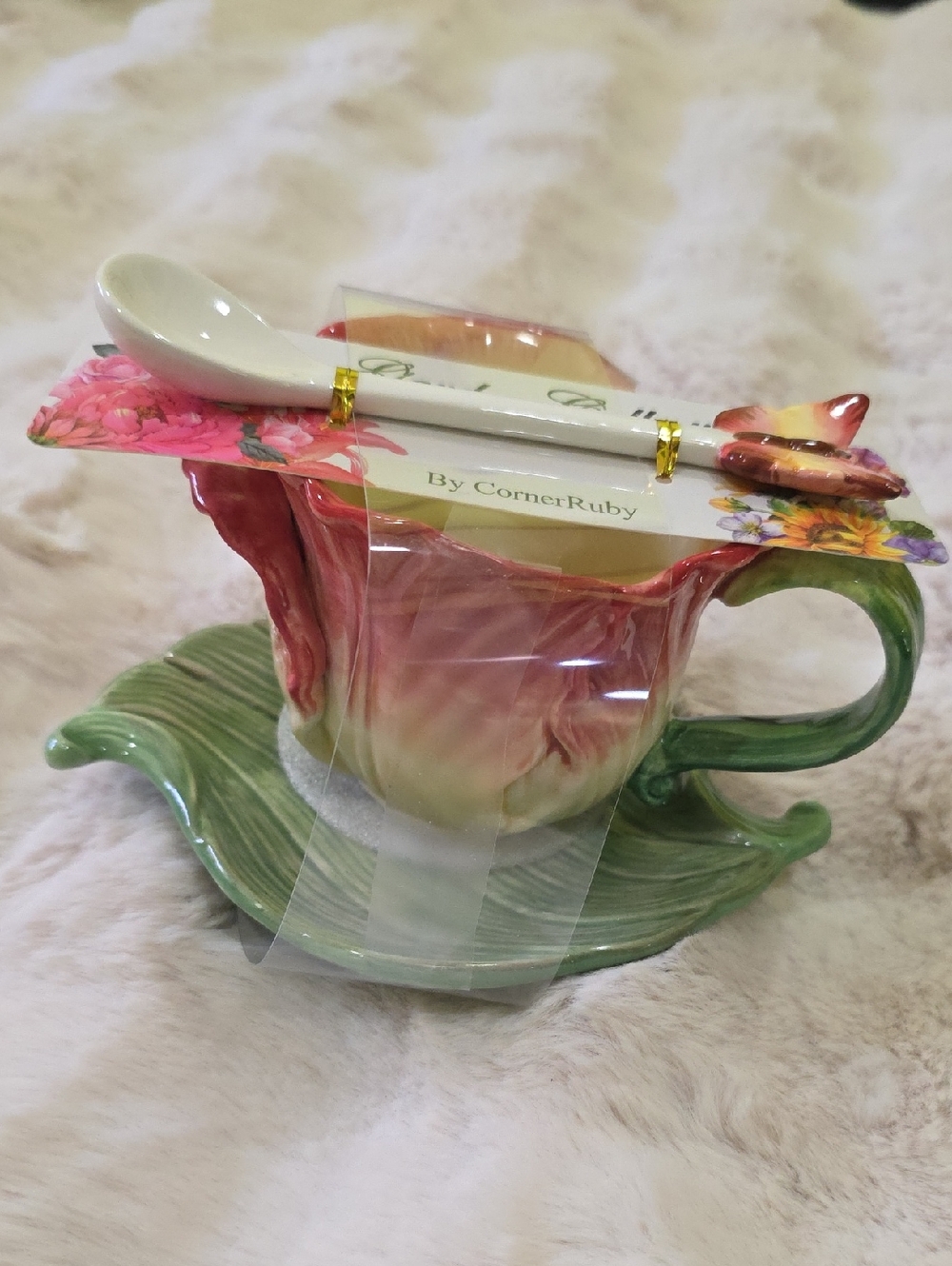 Floral Ceramic Teacup and Saucer Set - Green and Pink 3D